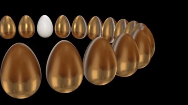 Altın yumurta sırasına dizilmiş beyaz yumurta. 3d.