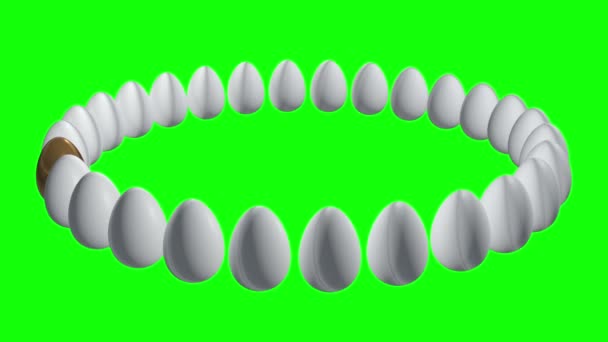 Golden egg in a row of the white eggs. 3D. — Stock Video