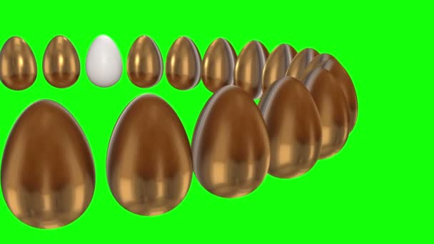 Huevo blanco en una fila de los huevos de oro. 3D . — Vídeo de stock