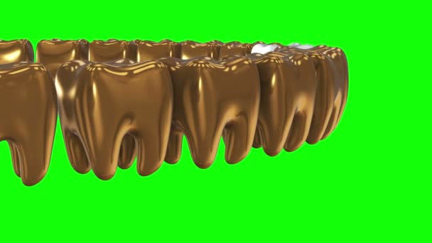 Білий зуб в ряд золотих зубів. тривимірний . — стокове відео