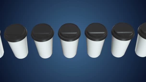 Tek kullanımlık kahve fincanları. Plastik kapaklı Boş kağıt kupa sırası — Stok video