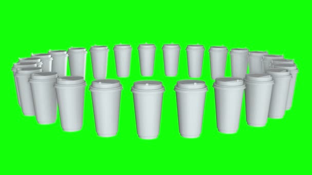 Copos de café descartáveis. Linha de caneca de papel em branco com tampa de plástico — Vídeo de Stock