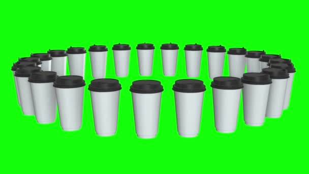 Engångs kaffekoppar. Rad av blankt papper mugg med plastlock — Stockvideo