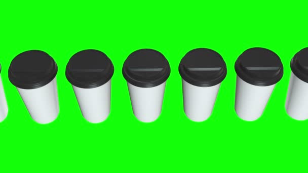 Disposable coffee cups. Row of Blank paper mug with plastic cap — Stock Video