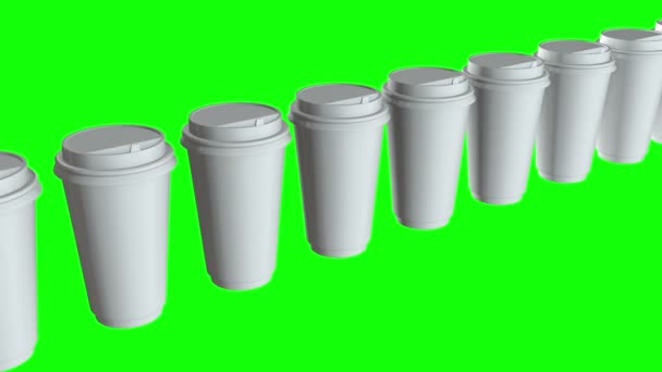 Tasses à café jetables. Rangée de tasse en papier blanc avec capuchon en plastique — Video