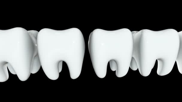 Красный зуб в ряд белых зубов. 3D . — стоковое видео