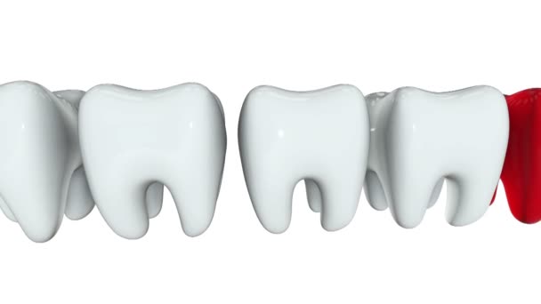 Rode tand in een rij van de witte tanden. 3d. — Stockvideo