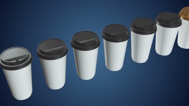 Tasses à café jetables. Rangée de tasse en papier blanc avec capuchon en plastique — Video