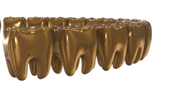 Diente blanco en una fila de los dientes de oro. 3D . — Vídeo de stock