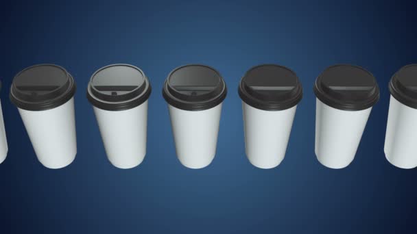 Tasses à café jetables. Rangée de tasse en papier blanc avec capuchon en plastique — Video