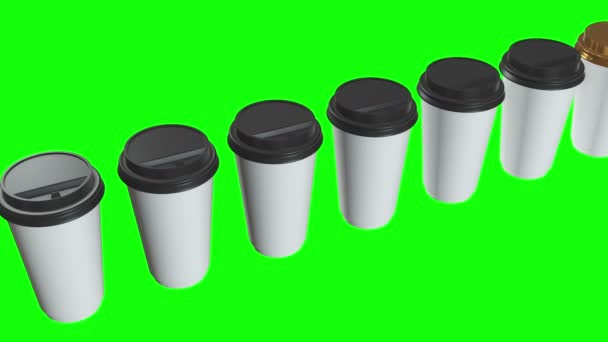 Tasses à café jetables. Rangée de tasse en papier blanc avec capuchon en plastique — Video