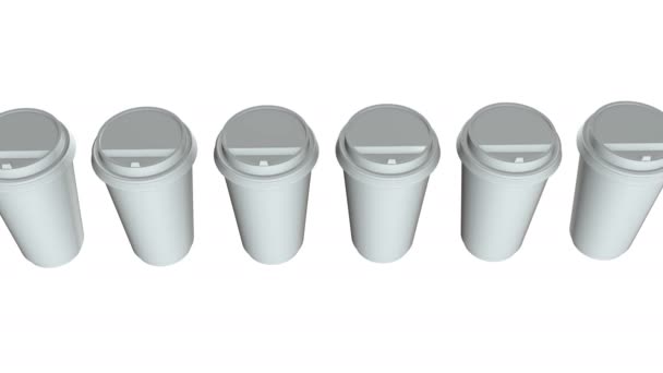 Tek kullanımlık kahve fincanları. Plastik kapaklı Boş kağıt kupa sırası — Stok video