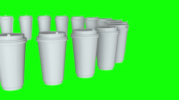 Tazas de café desechables. Fila de taza de papel en blanco con tapa de plástico — Vídeo de stock