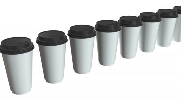 Tazas de café desechables. Fila de taza de papel en blanco con tapa de plástico — Vídeos de Stock