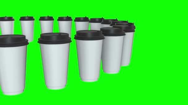 Tasses à café jetables. Rangée de tasse en papier blanc avec capuchon en plastique — Video