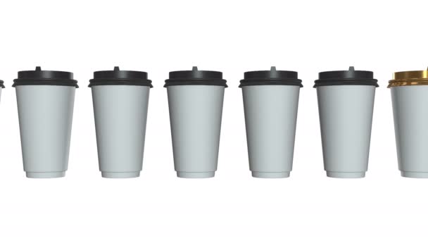 Engångs kaffekoppar. Rad av blankt papper mugg med plastlock — Stockvideo