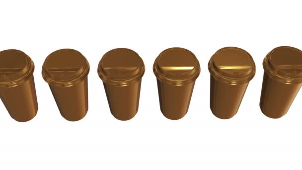 Copos de café descartáveis. Fila de caneca de ouro com tampa — Vídeo de Stock
