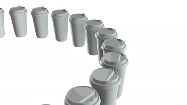 Φλιτζάνια καφέ μιας χρήσης. Σειρά από κενό χαρτί κούπα με πλαστικό καπάκι — Αρχείο Βίντεο
