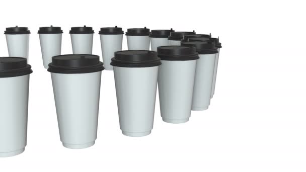 Одноразовые чашки кофе. Ряд пустой бумажной кружки с пластиковой крышкой — стоковое видео