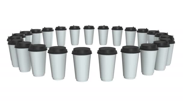 使い捨てコーヒーカップ。プラスチックキャップ付きブランクペーパーマグカップの列 — ストック動画