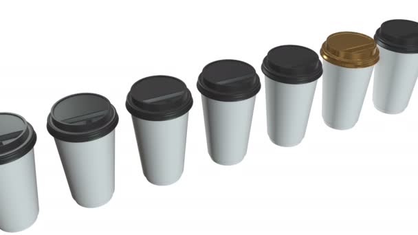 Tasses à café jetables. Rangée de tasse en papier blanc avec capuchon en plastique — Video