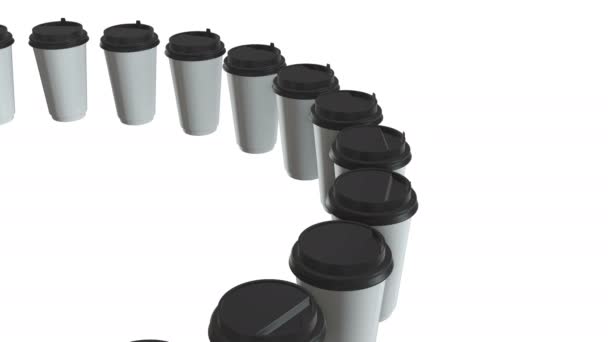 Tazas de café desechables. Fila de taza de papel en blanco con tapa de plástico — Vídeos de Stock