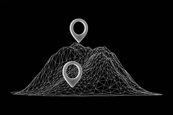 Geo kaart PIN op Mountain Peak top wireframe mesh — Stockvector