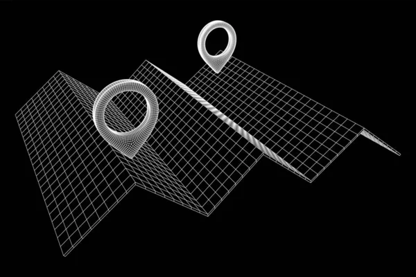 Pin de mapa geográfico con malla de marco de alambre de mapa plegable — Archivo Imágenes Vectoriales