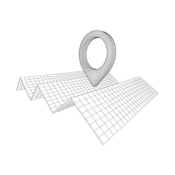 Pin de mapa geográfico con malla de marco de alambre de mapa plegable — Vector de stock