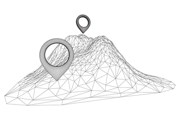 Geo map pin on mountain peak top wireframe mesh — Stock Vector