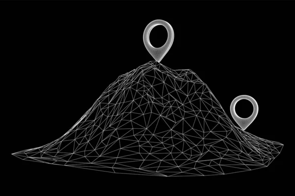 Geo kaart PIN op Mountain Peak top wireframe mesh — Stockvector