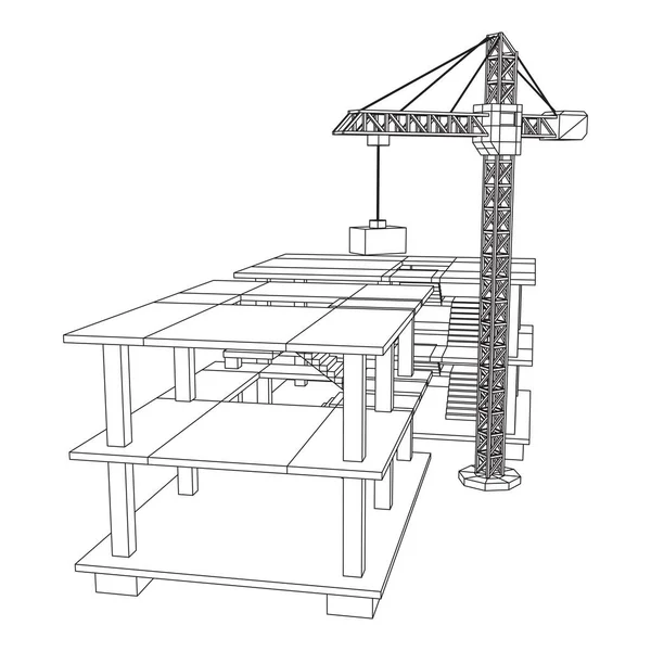 Edificio en construcción con estructura de grúa — Vector de stock