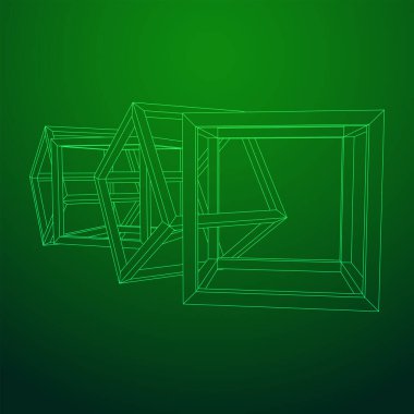 Blockchain küp zinciri. Büyük veri akışı bilgisinin karesi. Kablo çerçevesi düşük poli ağ vektör çizimi.