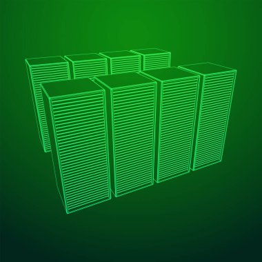 Veri merkezi depolama nesnesi. Donanım ekipmanları telekomünikasyon sunucusu. Bilgisayar veritabanı kulesi. İnternet endüstrisi kümesi. Kablo çerçevesi düşük poli örgü 3d görüntüleme