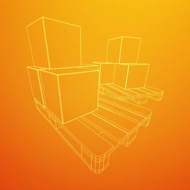 Kargo paleti, karton kutularla dolu bir depo için. Lojistik nakliye konsepti. Kablo çerçevesi düşük poli ağ vektör çizimi.