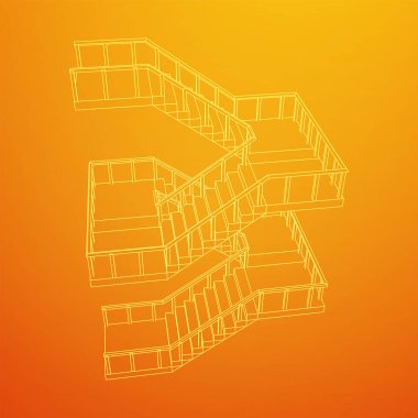 Kablo çerçeveli merdivenler, korkuluklu merdiven merdivenleri. Kablo çerçevesi düşük poli ağ vektör çizimi.