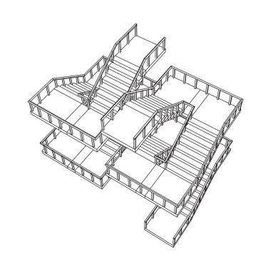 Kablo çerçeveli merdivenler, korkuluklu merdiven merdivenleri. Kablo çerçevesi düşük poli ağ vektör çizimi.