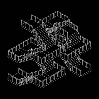 Kablo çerçeveli merdivenler, korkuluklu merdiven merdivenleri. Kablo çerçevesi düşük poli ağ vektör çizimi.