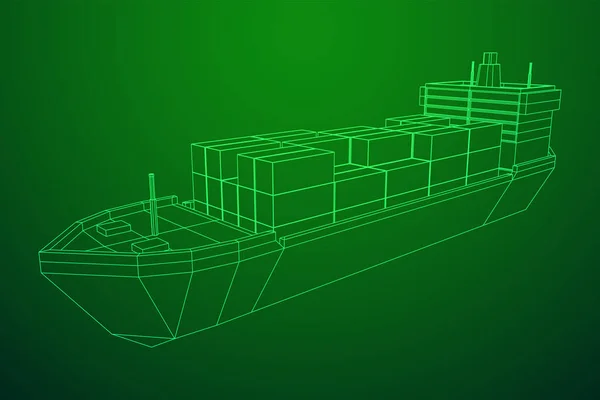 貨物コンテナとばら積み貨物船の重いドライ貨物船 ワイヤーフレーム低ポリメッシュベクトルイラスト — ストックベクタ
