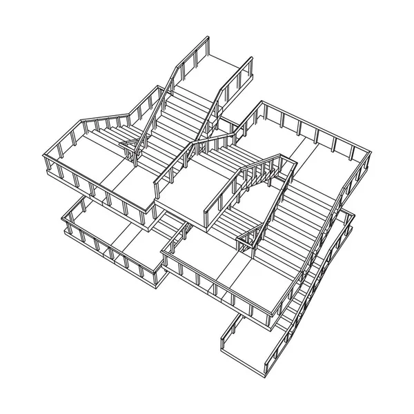线框楼梯 内部楼梯与栏杆步调 线框低网目矢量图解 — 图库矢量图片