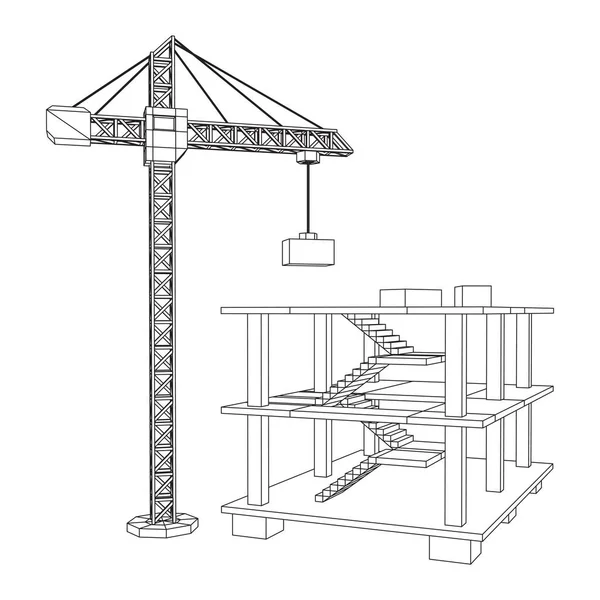 Byggnad under uppförande med kran wireframe — Stock vektor