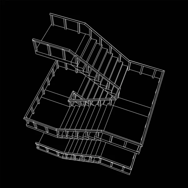 Wireframe stairs, interior staircases steps with railing — Stock Vector