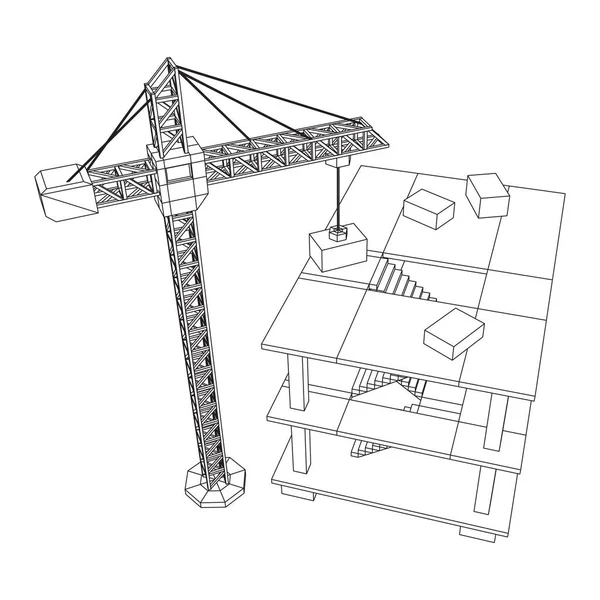 Byggnad under uppförande med kran wireframe — Stock vektor