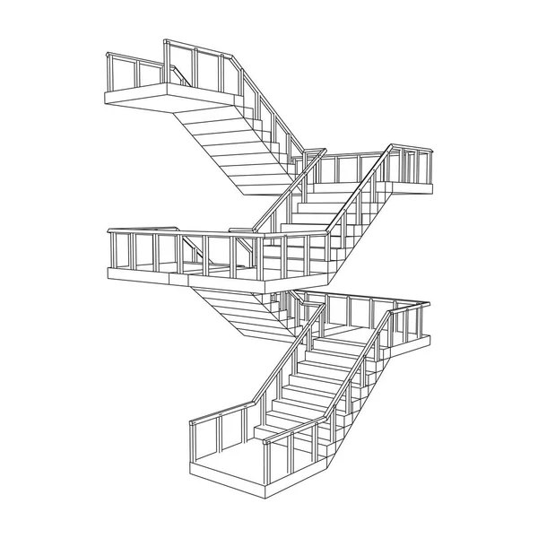 Escaleras de Wireframe, escaleras interiores escalones con barandilla — Vector de stock