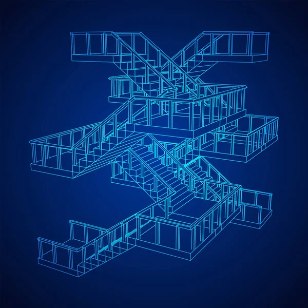 Wireframe tangga, tangga interior langkah dengan pagar - Stok Vektor