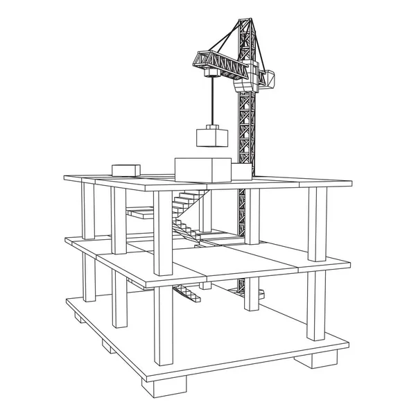 Κτίριο υπό κατασκευή με γερανό wireframe — Διανυσματικό Αρχείο