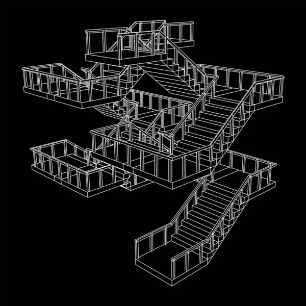 Escaleras de Wireframe, escaleras interiores escalones con barandilla — Archivo Imágenes Vectoriales