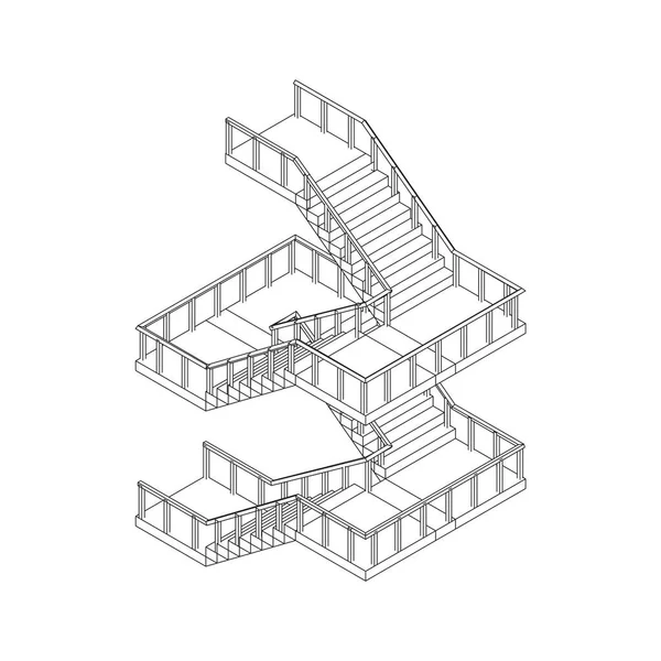 Wireframe trappor, inre trappor trappor med räcke — Stock vektor