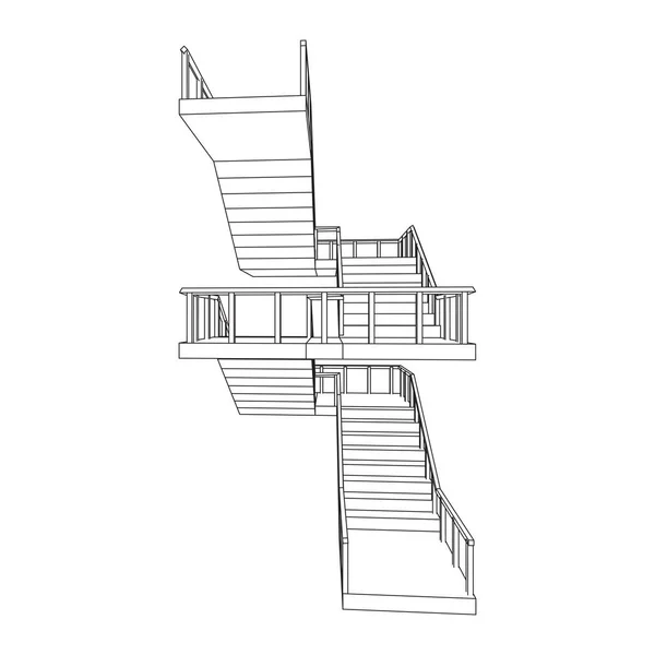 Escaleras de Wireframe, escaleras interiores escalones con barandilla — Vector de stock