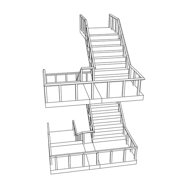 Wireframe stairs, interior staircases steps with railing — Stock Vector
